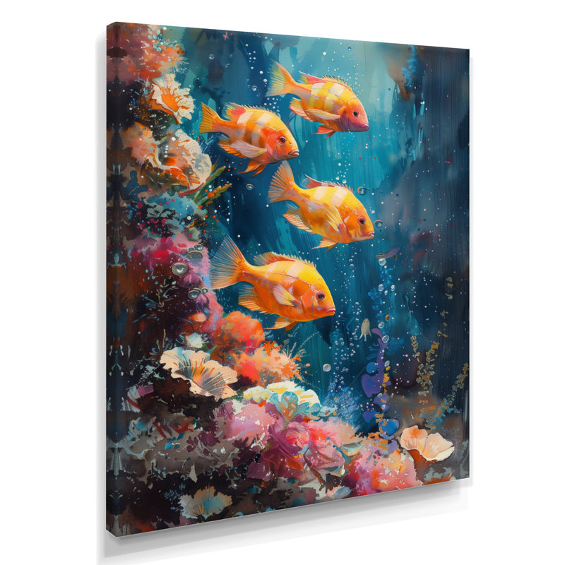 «Blue Orange Coral Marine Fish Life III», art mural corail, Toile tendue, H 24 po x l 32 po