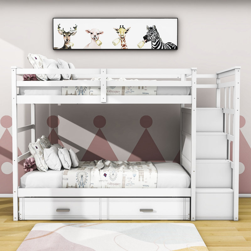 Danamarie Kids Twin Over Twin Bunk Bed with Trundle with Drawers, White