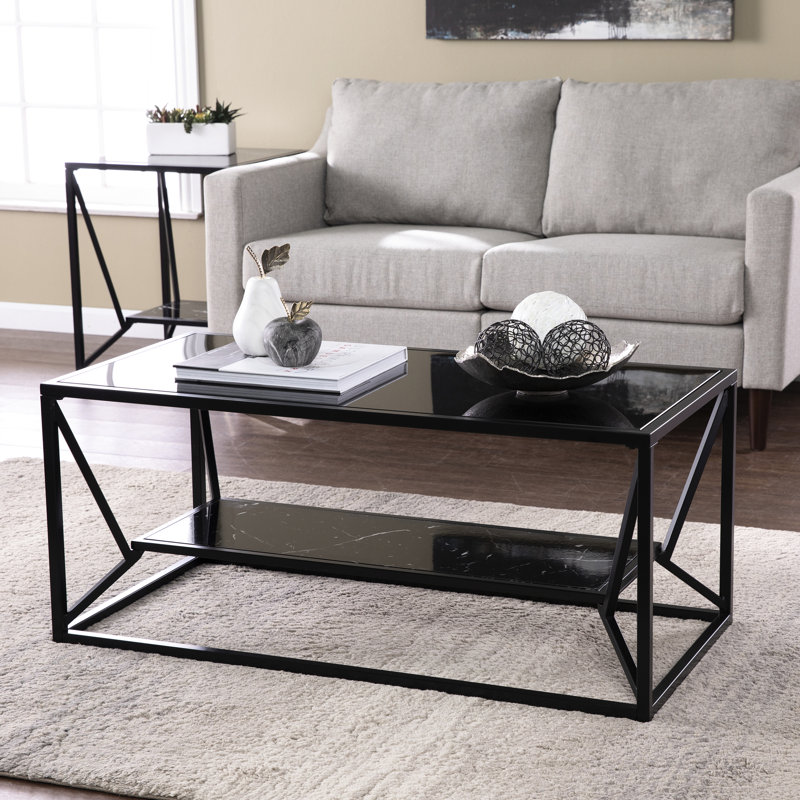 Table basse en verre noir avec compartiment de rangement - plateau en faux marbre