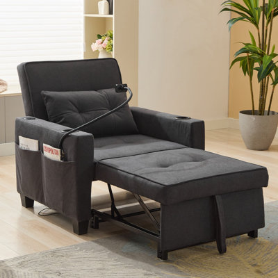 Fauteuil-lit futon convertible 3-en-1 avec ports USB, résistant à l'usure et anti-rayures, fauteuil avec canapé-lit pour le salon