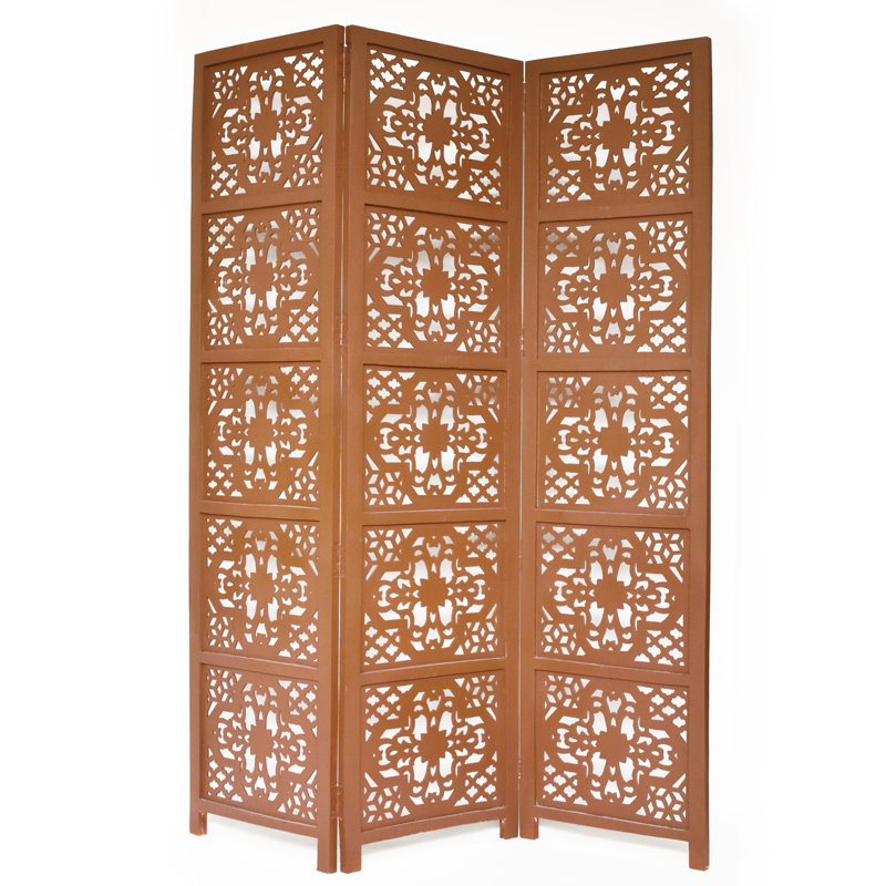 Cloison 3 panneaux en bois massif Goddard, Brun