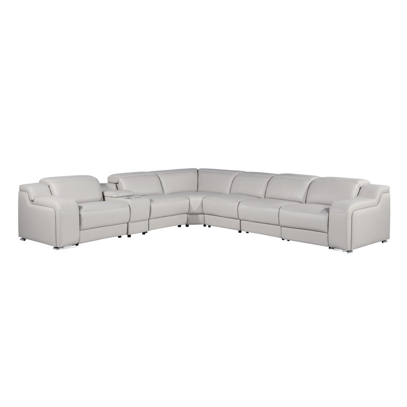 Stanphill 7 - Piece Top Italian Grain Leather Power Reclining Sectional, Light Gray Genuine Leather