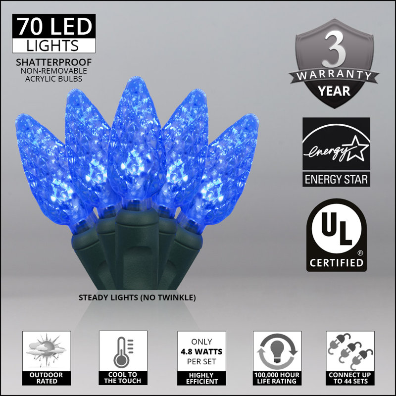 70 Light C6 LED Christmas String Lights, Blue