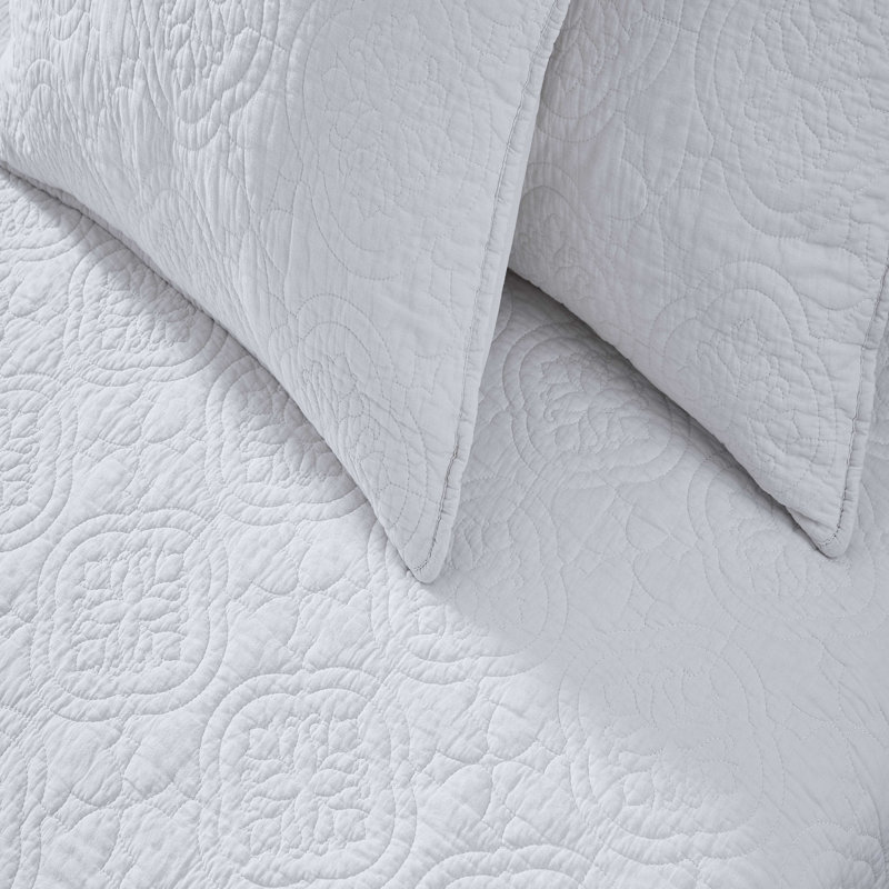Ensemble de courtepointe brodée 100% coton 3 pièces Patina Vie, Double/Grand, Blanc Flavia