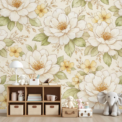Papier peint autocollant à motif floral jaune pêche, vert, doux, rétro, H 69 po x l 96 po, papier peint amovible en PVC pour chambre à coucher, bureau à domicile