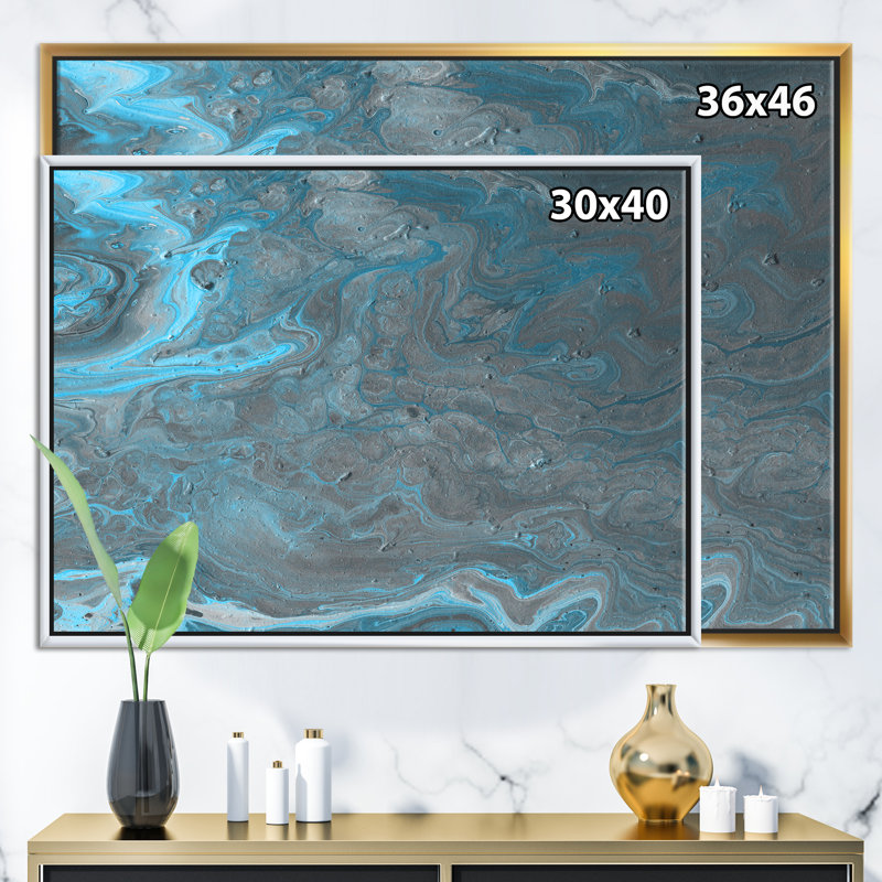 Paysage de marbre bleu et gris-reproduction d’art sur toile, H 36 po x l 46 po x P 1,5 po, Cadre flottant blanc