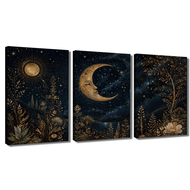 Reproduction d'art sur toile or, soleil, lune, étoile, paysage nocturne, ciel nocturne céleste, H 12 po x l 24 po x P 1 po