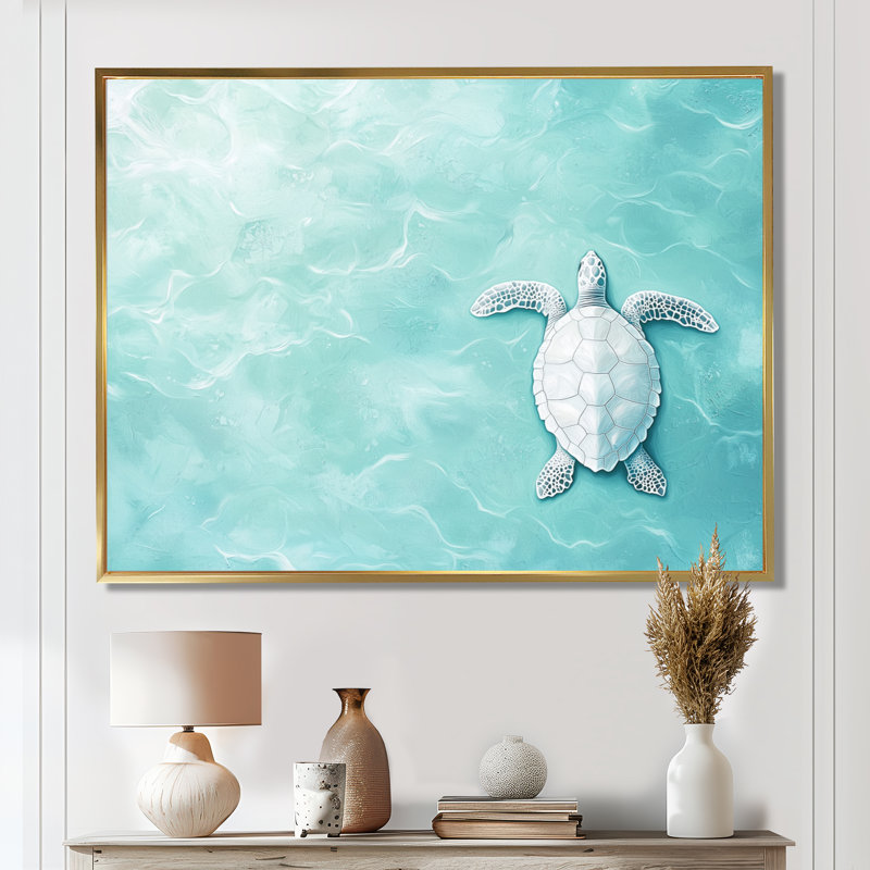 Tortue dans le courant de l'océan - Tortue, art mural dans le salon, H 24 po x l 32 po, Doré