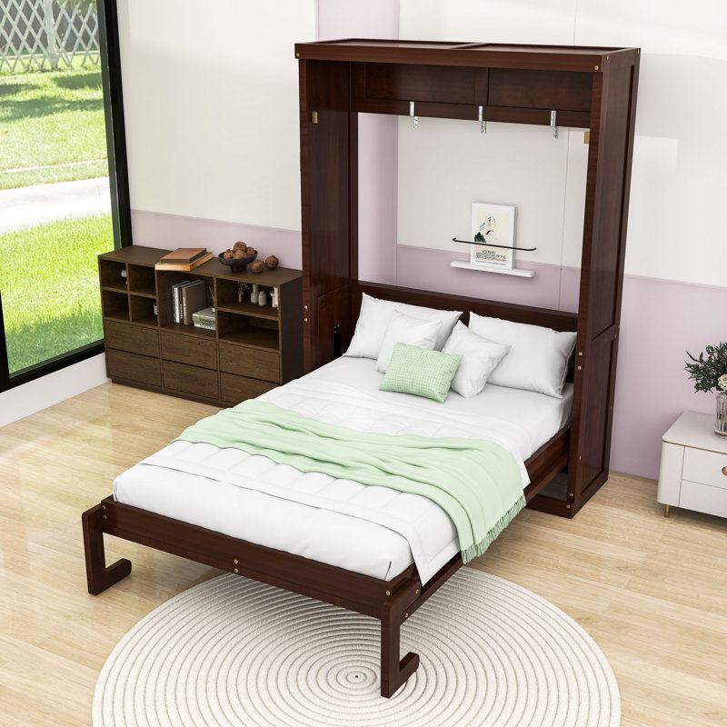 Lit escamotable en bois avec lattes robustes, conception pliable peu encombrante, Lit simple, Espresso