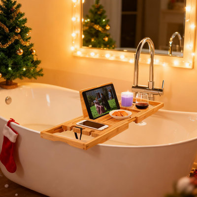 Plateau de baignoire en bambou avec plateau de bain pour baignoire, organisateur de baignoire de salle de bain réglable avec porte-gobelet en verre à vin pour tablette de livre (24,5 po à 37,4 po)