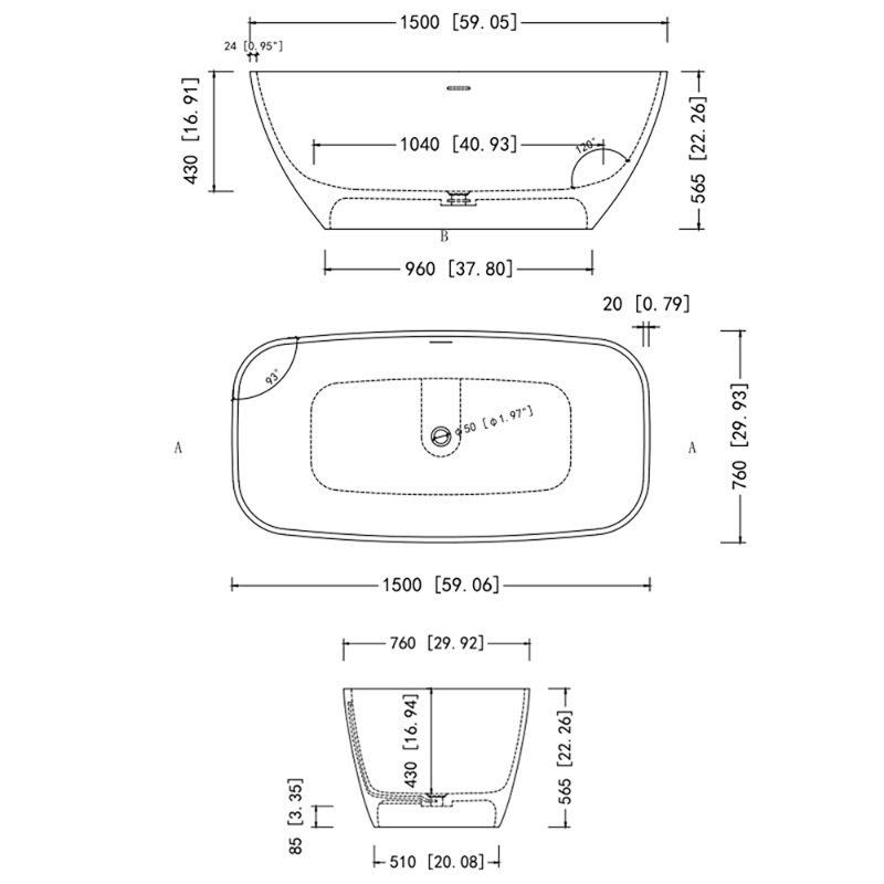 Baignoire de trempage autoportante 59,05 po.