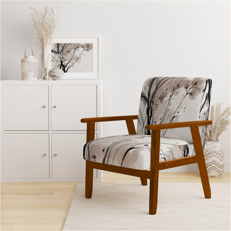 Fleurs orange abstraites - Fauteuil d'appoint rembourré traditionnel, Beige / noir / blanc, Brun