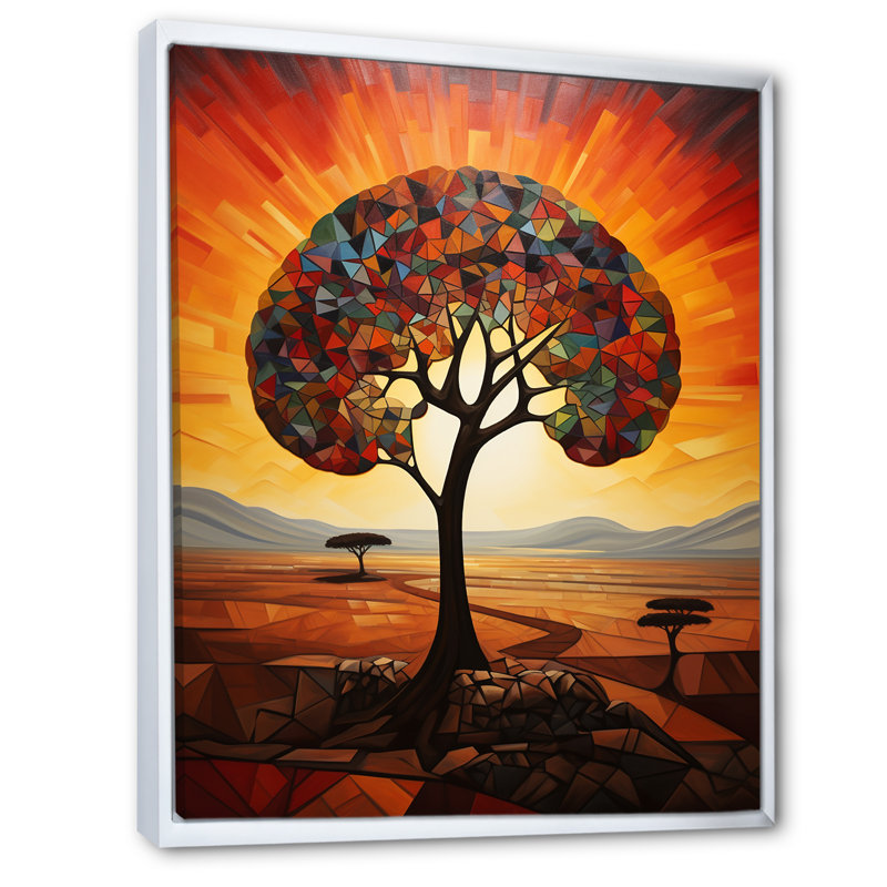 Cubist African Tree Landscape 4 - Art mural arbre africain, Cadre flottant blanc, H 32 po x l 16 po x P 1 po