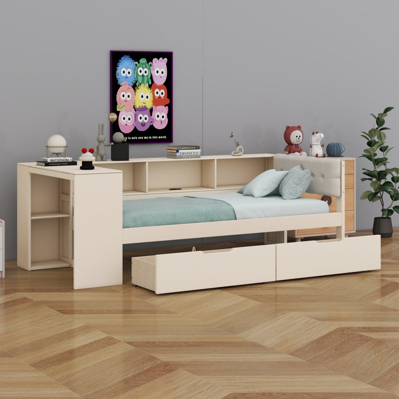 Lit plateforme avec tablettes de rangement, tiroirs, station de charge et tête de lit tapissier, Crème, crème