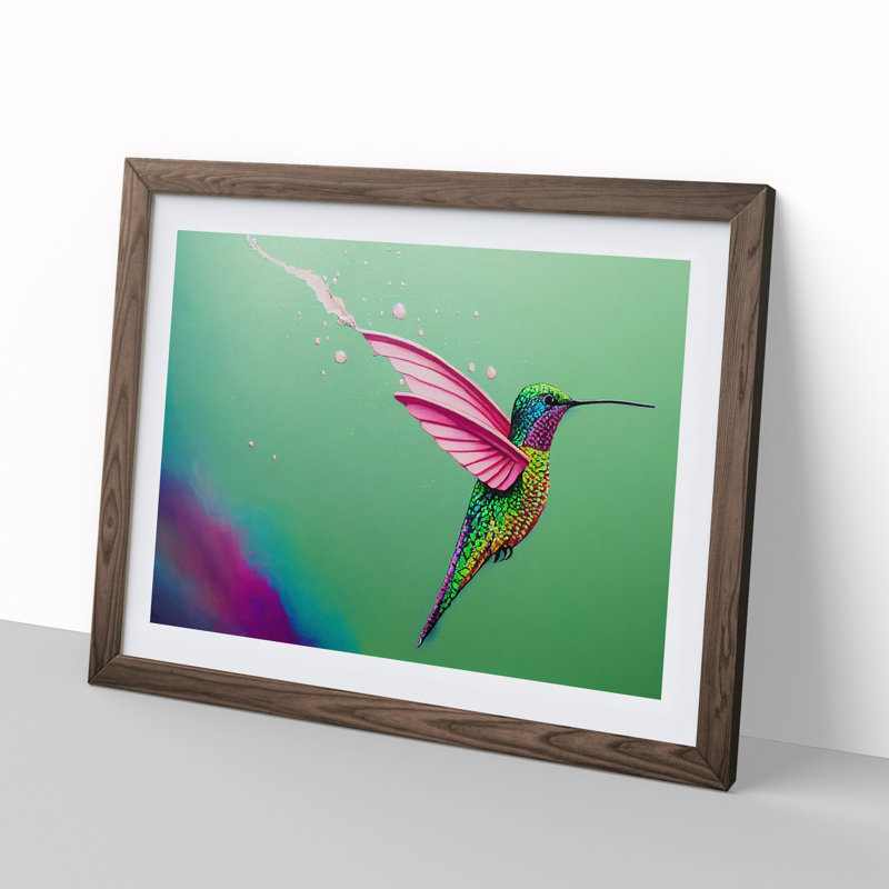 Colourful Hummingbird Vol.3 - Painting, Walnut Framed, 25cm H x 34cm W x 2cm D
