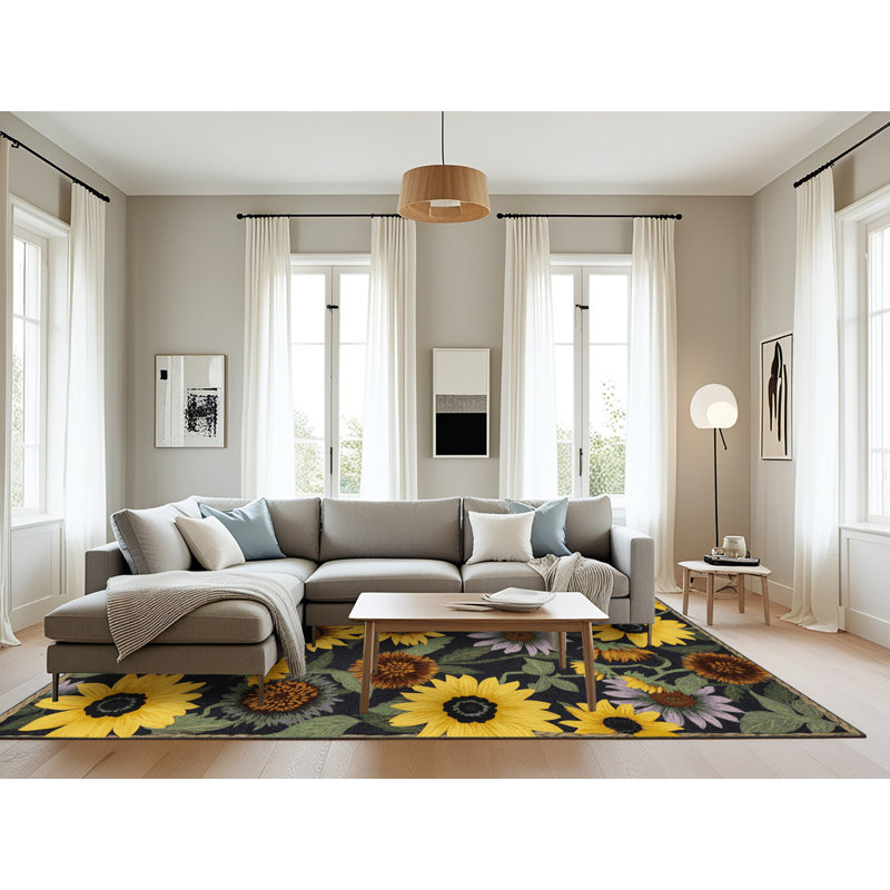 Machine Washable Botanical Brown Area Rug