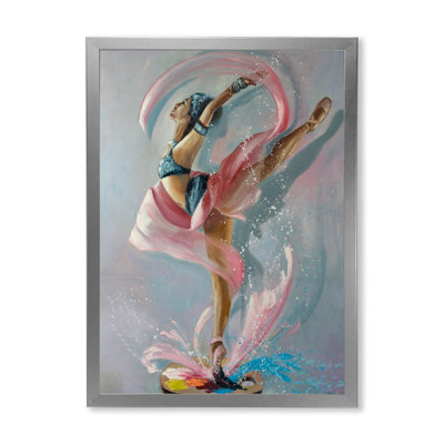 Femme gracieusement dansante dans des rideaux roses - peinture sur toile