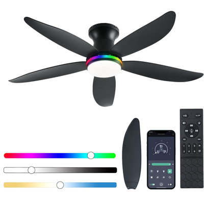 Ceiling Fan With Light, 48" RGB Low Profile Ceiling Fans With Lights And Remote Control, Dimmable, DC Reversible Motor, Noiseless, 6 Speeds Flush Mount Ceiling Fan For Bedroom