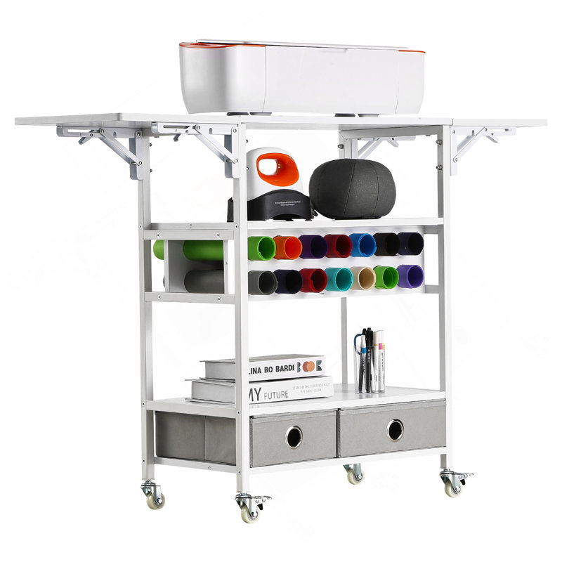 Chariot roulant roulant et table de rangement 14 porte-rouleaux en vinyle 2 tiroirs pliables