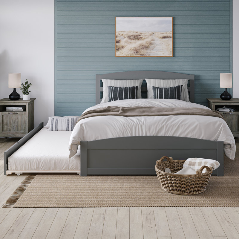 Elliana Solid Wood Platform Bed with Footboard & Trundle, Queen, Gray