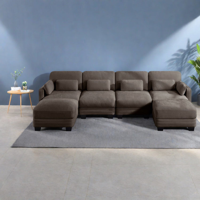 Canapé d'angle modulaire à compression, canapé moderne 4 places en chenille marron pour la maison