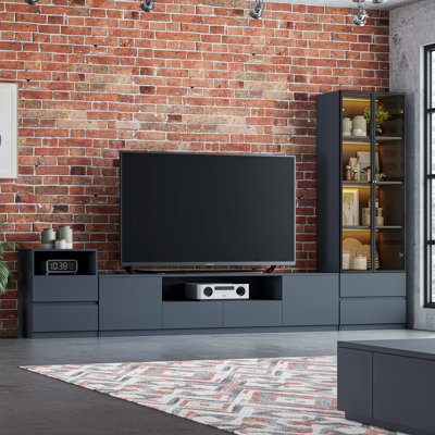 Meuble télé modulaire pour téléviseur de 55 à 75 pouces, en bois gris, avec étagères et meuble latéral, idéal pour le salon.