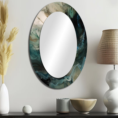 Vert et noir monde intérieur de marbre I - Miroir décoratif ovale abstrait sur métal