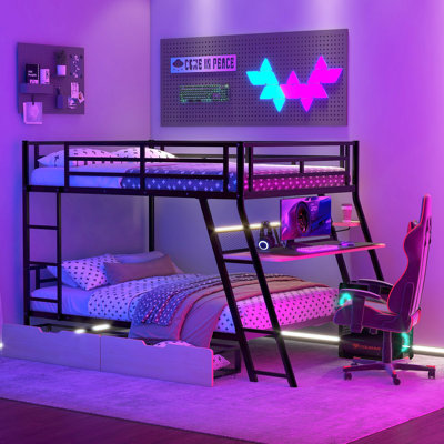 Lit superposé en métal avec bureau intégré, lumière et 2 tiroirs