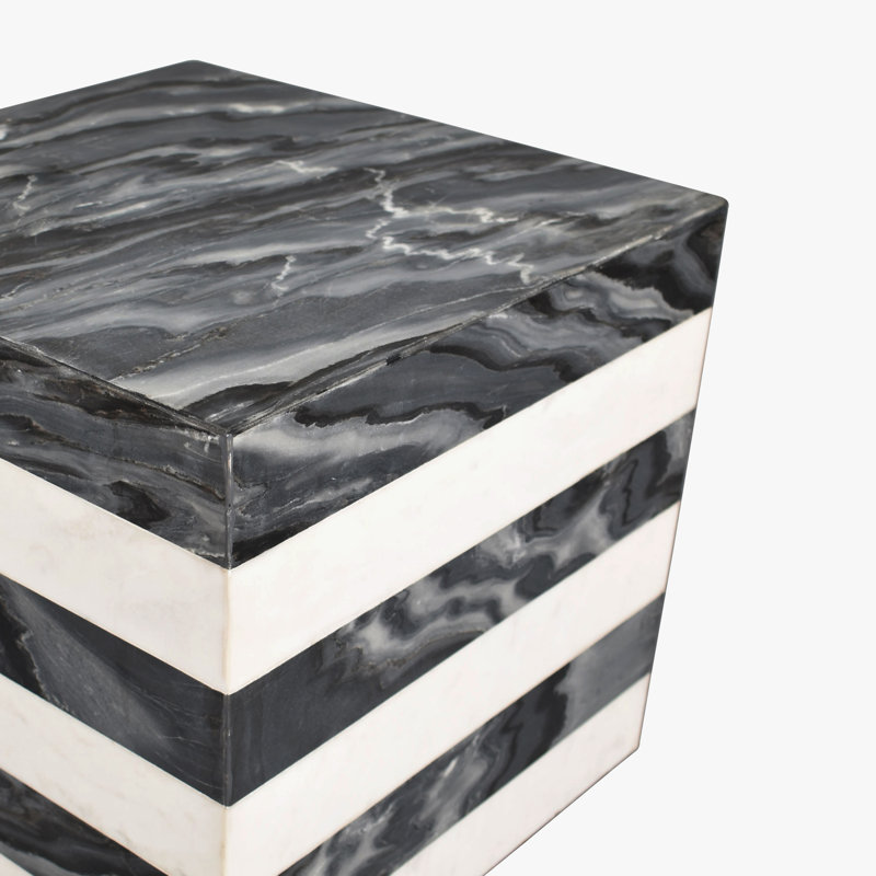 Felix 15.5" Minimalist Marble Cube End Table, Natural Black White Stone Square Block Side Table, Solid Glossy Living Room Accent Pedestal