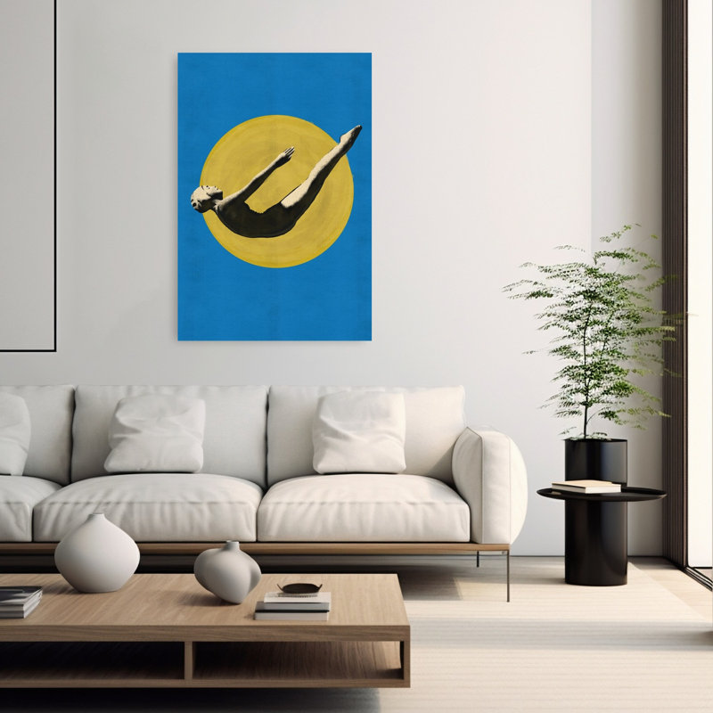 «Graceful Diver Yellow Sun», impression abstraite audacieuse de paysage d'été minimaliste, H 60 po x l 40 po