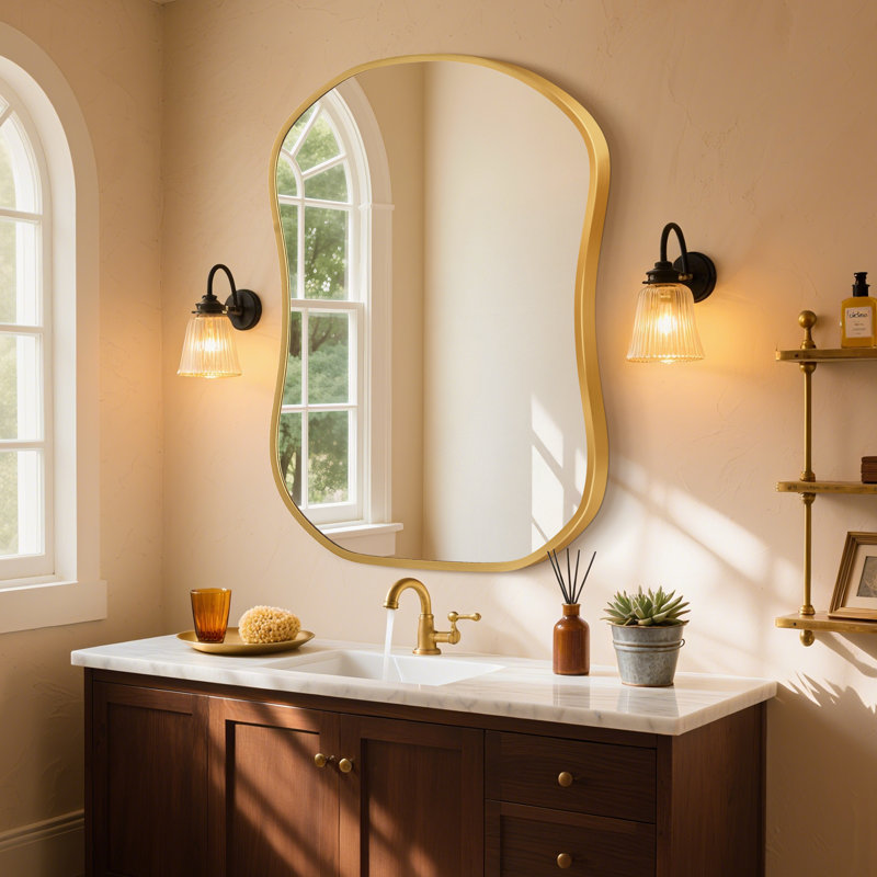Miroir de meuble-lavabo mural rétro en aluminium d'inspiration française rétro pour salle de bain, 32 po x 24 po, Doré