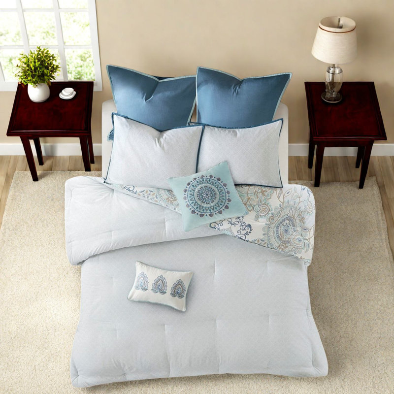 Premium Cotton Bedding Set, Blue Floral Pattern, Shabby Chic Style