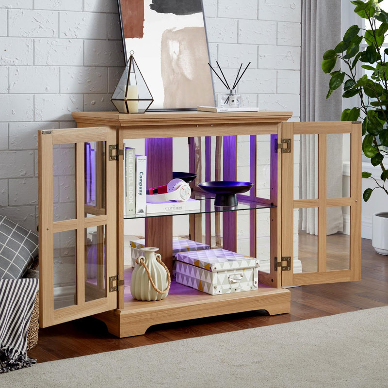 32" Glass Display Cabinet with Smartphone-Controlled LED Lights, Sideboard Buffet Credenza with Glass Doors & Adjustable Shelves, Small Storage Cabinet for Collectibles, Living Room, Apartment