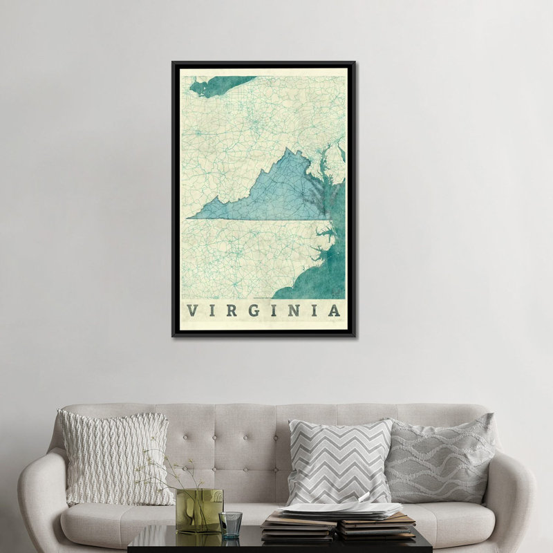 «Virginia Map», impression sur toile, H 60 po x l 40po x P 1,5 po, Toile avec cadre noir, Pas de tapis