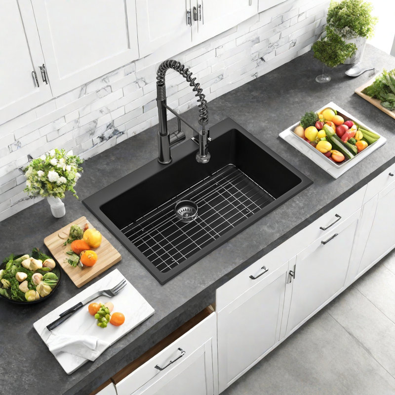 Quartz Composite Drop-In Kitchen Sink 33x22 Inch – Extra Deep, Heat Resistant, Modern Design, Black