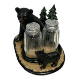Polyresin Black Bear and Cub Woodland Forest Log Cabin Rustic Salt and Pepper Shaker Holder Set