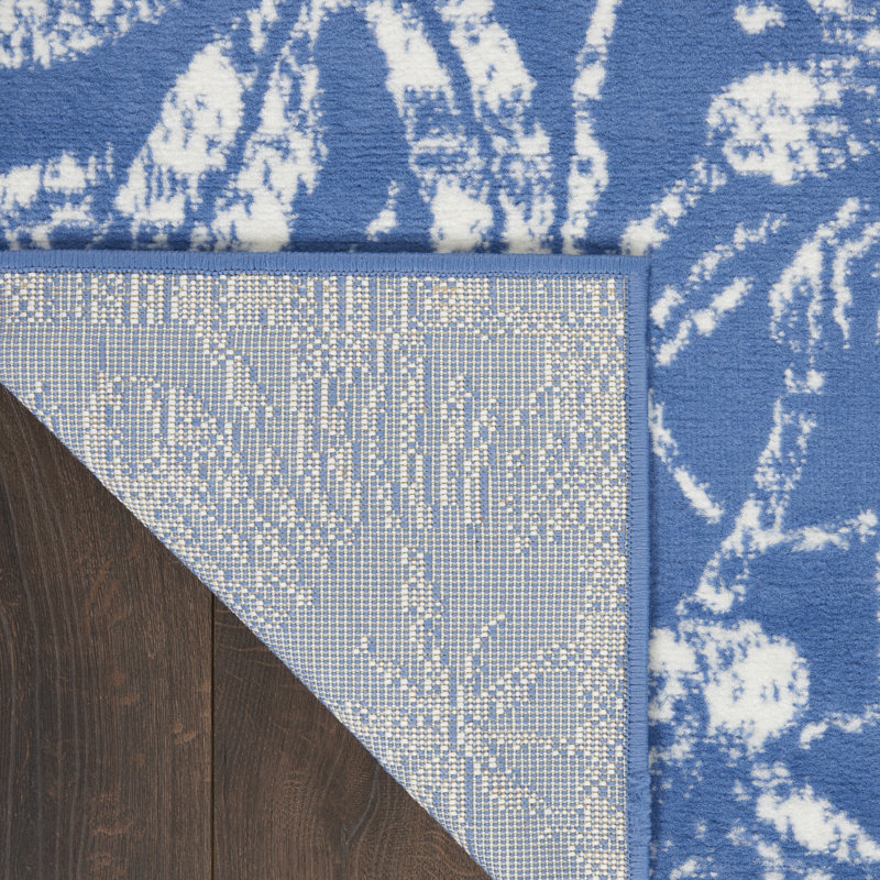 Tapis floral bleu en polypropylène tissé à la machine, Rectangle 7 pi x 10 pi