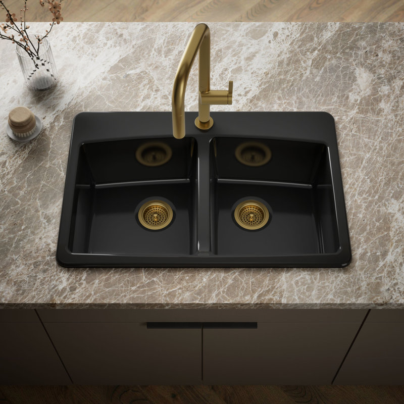 33" L x 22" W x 9-5/8" Top-Mount Double-Equal Kitchen Sink, Almond, 3 Hole