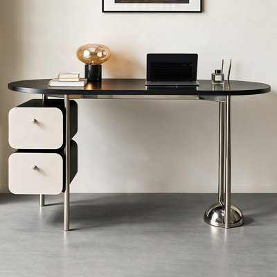 Black Oval Solid Wood with 2 drawers desk