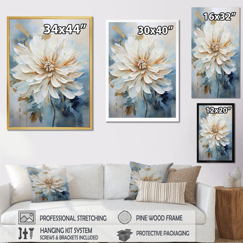 Simple beige et bleu Dahlia I - imprimé, H 44 po x l 34 po x P 1,5 po, Cadre flottant noir