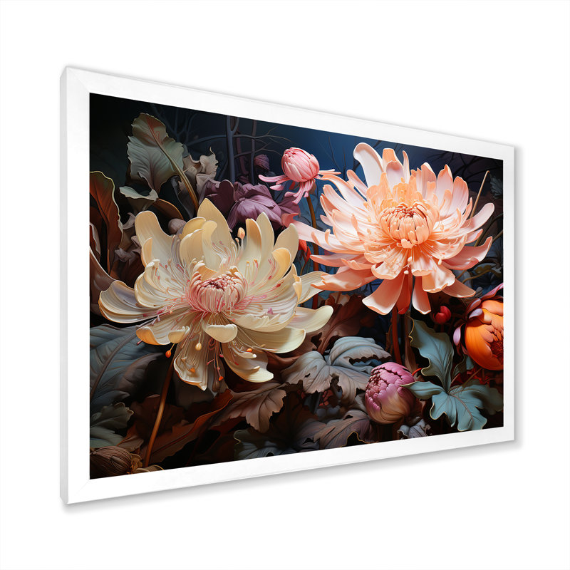 Reproduction sur toile de plantes botaniques roses et beiges, H 16 po x l 32 po x P 1 po, Cadre photo blanc