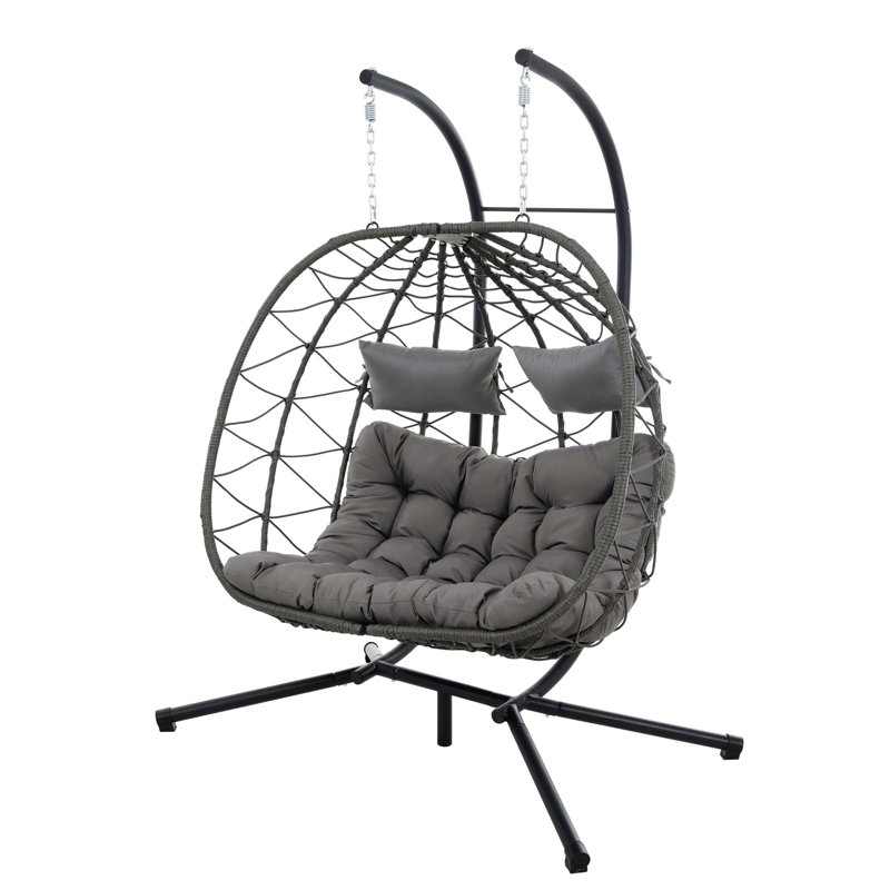 2 Persons Wicker Hanging Egg Chair With Stand For Indoor And Outdoor Relaxation,  For Patio, Bedroom, And Balcony, Gray