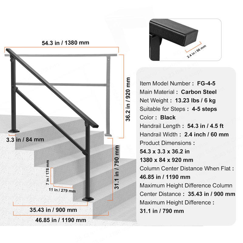 Rampes extérieures pour escalier à 4 ou 5 marches Tube carré noir facile à installer pour les personnes âgées