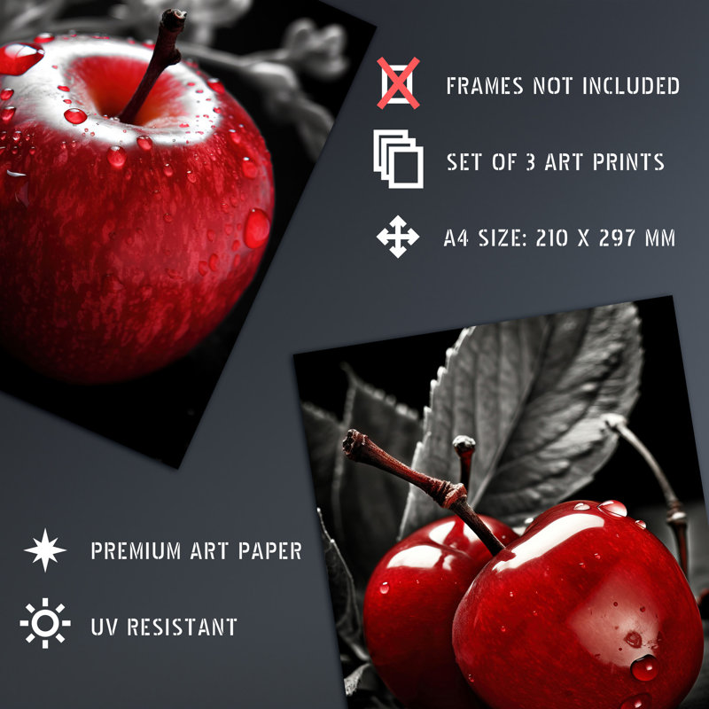 Red Apple Raspberry Cherry On Black White Kitchen Artwork - 3 Piece No Frame Print Set, 29.7cm H x 21cm W x 0.4cm D