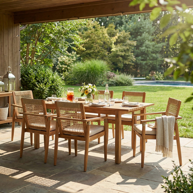 Ensemble de salle à manger d'extérieur 7 pièces en bois d'acacia avec coussins, 6 chaises et 1 table