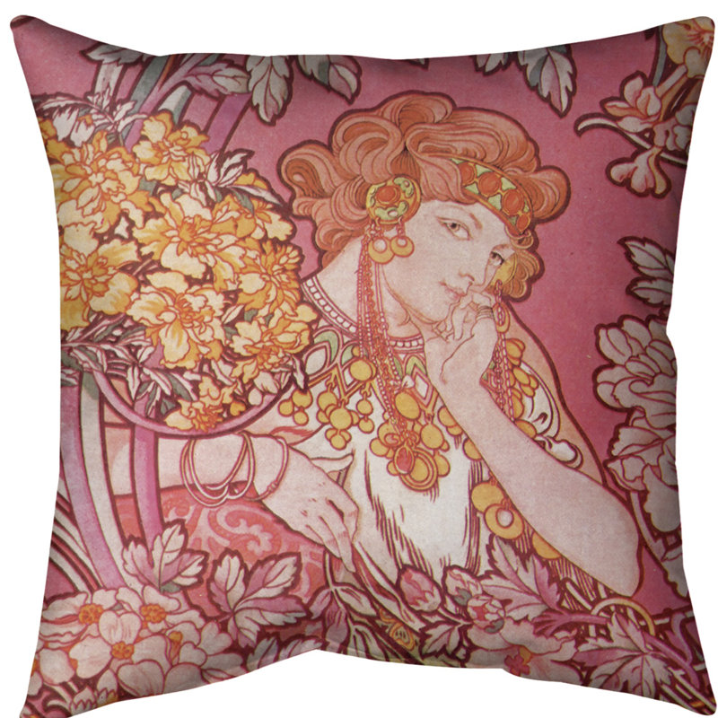 Coussin Alfons Mucha, 16 po x 1 po, Rose, Polyester filé