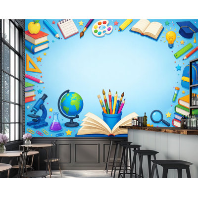 Peel and Stick Wallpaper Colorful Educational Books Stationery School Supplies Blue Wall Murals 69"H x 96"W Removable PVC Wall Paper Self-Adhesive Wall Decor for Bedroom Living Room Home Office