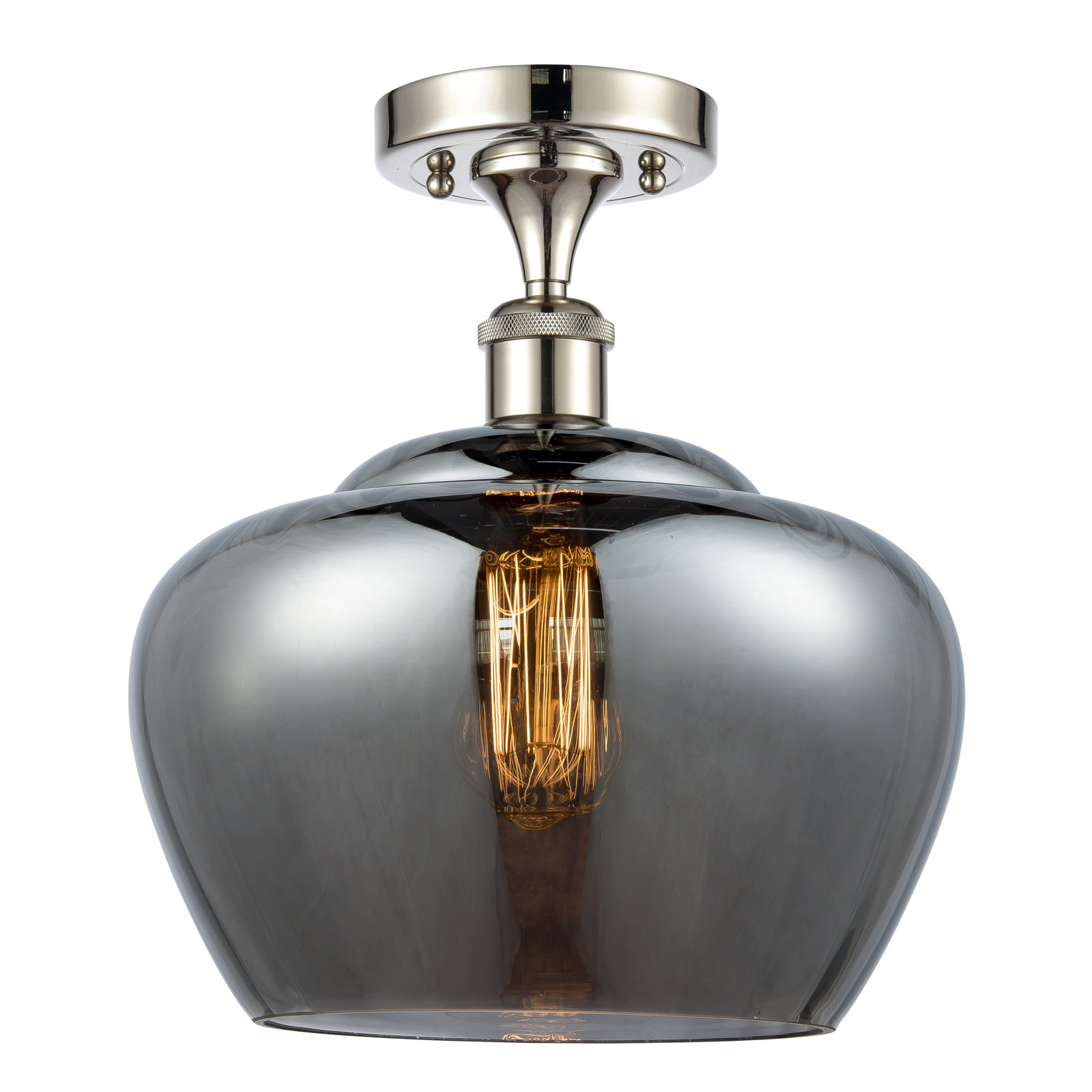 Renee Single Light Glass Semi Flush Mount, Plated Smoke, 6 Watt Vintage LED Bulb, Polished Nickel