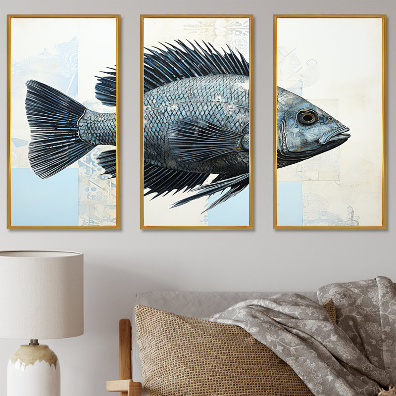 Poisson dans le bleu profond - ensemble d'art mural sur toile, Cadre flottant doré, H 40 po x l 60 po