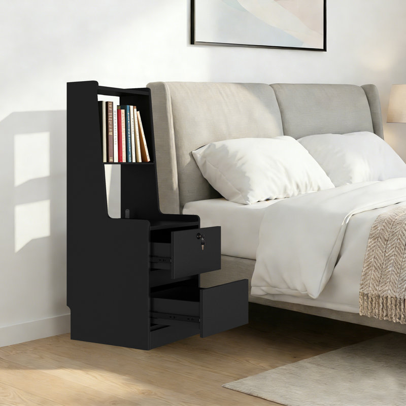 Table de chevet moderne avec tablettes et veilleuse USB intégrée, tiroir verrouillable et éclairage de nuit réglable, Noir